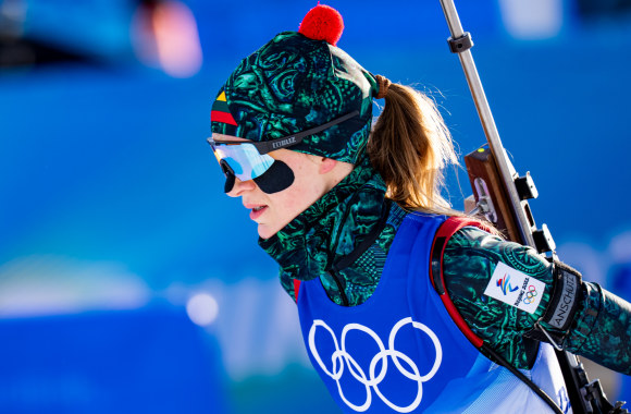 Gabrielė Leščinskaitė Pekino olimpinių žaidynių biatlono 15 km individualiose lenktynėse / V.Dranginio nuotr.