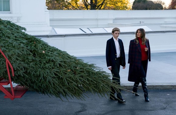 Melania Trump su sūnumi Barronu pasitiko į Baltuosius rūmus atvežtą eglutę