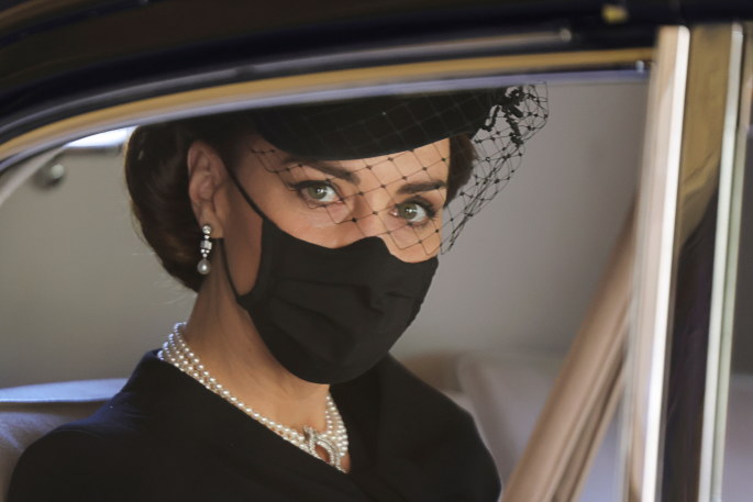 Kate Middleton princo Philipo laidotuvių metu / „Scanpix“ nuotr.