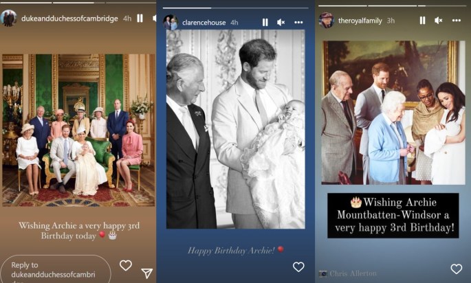 Britų karališkoji šeima princo Harry ir Meghan Markle sūnų Archie trečiojo gimtadienio proga pasveikino įrašu „Instagram story“