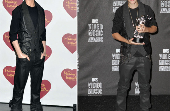 Justinas Bieberis 2010 metais (kairėje) ir jo vaškinė figūra (dešinė)