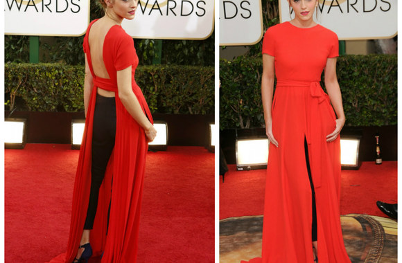 Emma Watson su „Christian Dior“ suknelės ir kelnių kostiumu „Auksinių gaublių“ apdovanojimuose
