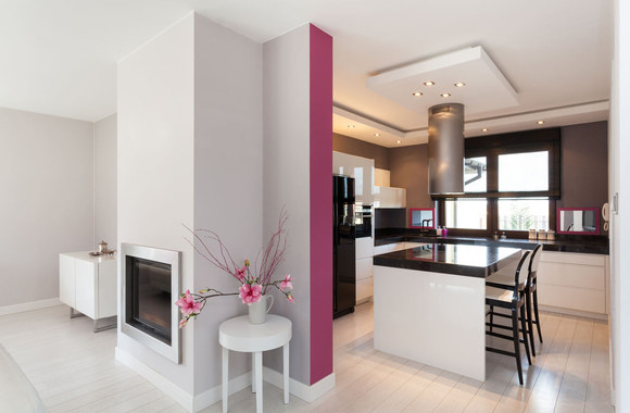 Svetainės su virtuve interjeras.